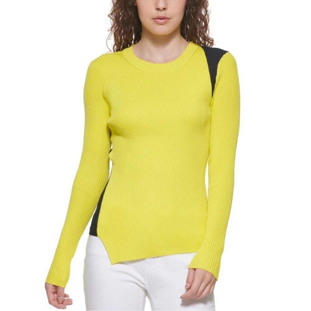 DKNY EUC Ribbed Knit Asymmetric Sweater Size XL Colorblock Stretchy Colorblock